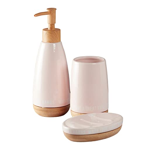 Image of SaSaSa Ceramic Bathroom Set of 3 Modern Bath Accessories Kit with Soap Dispenser, Toothbrush Holder & Dish - Stylish & Elegant Bathroom Decor, Pink (9882)