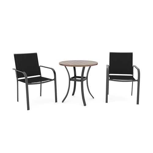 Image of Anmutig Outdoor Bistro Set for 2, Stackable Chairs & Metal Table, Black | Weather-Resistant Textilene, Black Powder-Coated Steel Frame, Storage Shelf, Easy Assembly, Balcony, Deck, Poolside Use