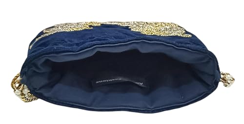 Image of Velvet Potli Bag with Golden & Silver Beaded Flower Embroidery - Handcrafted Ethnic Drawstring Bag for Weddings, Parties & Festive Gifts - Beaded Handle & Tassels for Women