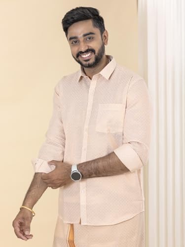 Image of RAMRAJ COTTON Men Gold Tissue Jacquard Full Sleeves Shirt with Matching Dhoti Set
