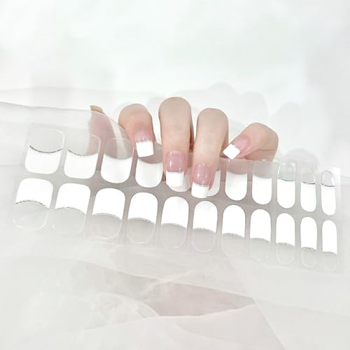 LIFOOST Semi Cured Gel Nail Strips Fench White Color with Silver Lines