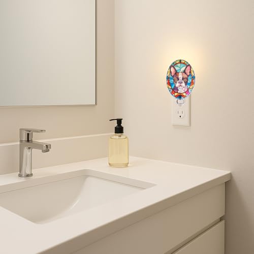 Image of Dog Night Light French Bulldog, Stained Glass Styled Plug-in Wall Nightlight, Bulb Included, Pet Memorial & Dog Lover Gift, Bedroom Hallway Bathroom Decor