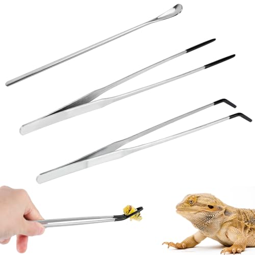 PEUTIER 3 Pinzas para Alimentación de Reptiles, Pinzas Rectas Pinzas Curvas Cucharas Pinzas Largas para Terrarios Accesorios para Tanques de Pitón Bola para Proteger Los Dedos para Reptiles Amantes