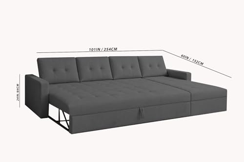 Image of Emilio 6 Seater RHS L - Shape Pull-Out Sofa Cum Bed Sofa for Living Room (Black Fabric Color) Premium Fabric Sofa Set for Living Room Sofa Cum Bed