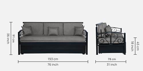 Image of 3 Seater Metal Sofa Cum Bed with Hydraulic Storage | Sofa Set for Living Room, Bedroom, Guest Room| Queen Size Convertible Sofa Bed | Comfortable Seating Sofa Grey & Black