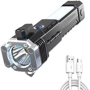 LED 3W Torch Light Rechargeable Torch Flashlight, Torch Light Long Distance Beam Range Car Rescue Torch with Hammer Window Glass and Seat Belt Cutter Built (1Pcs)