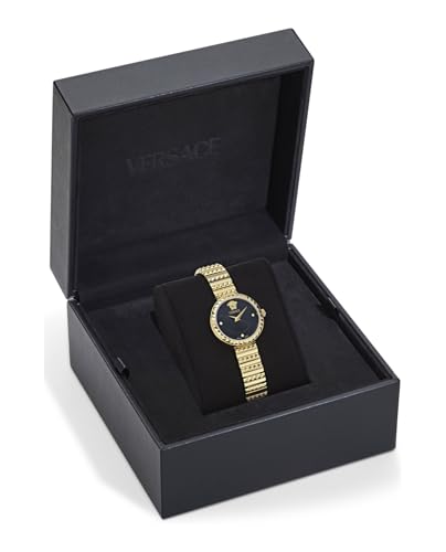 Versace Greca Goddess Petite Collection Luxury Womens Watch Timepieces with a Gold Bracelet and Case Featuring a Black Dial4