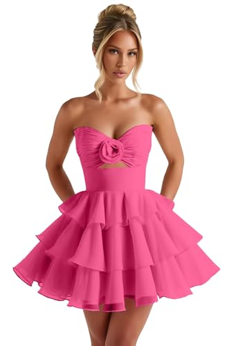 Short Prom Dresses 2025 for Teens Tiered Chiffon Homecoming Dress with Flower LW225