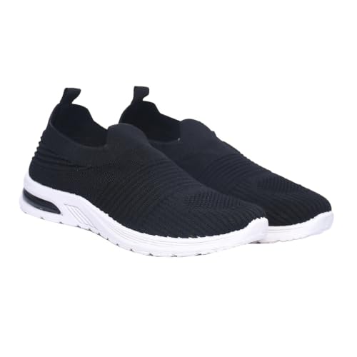 Image of Women's Slip-On Sneakers, Black, Knitted Upper, Walking & Casual, Lightweight with Cushioned Sole