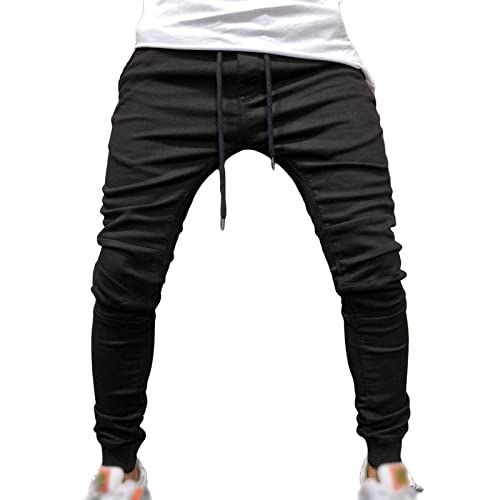 JEsilunmaMY Casual Drawstring Sport Jeans for Men Elastic Waist Stretch Skinny Denim Pants Mid Rise Washed Pencil Jean Pants