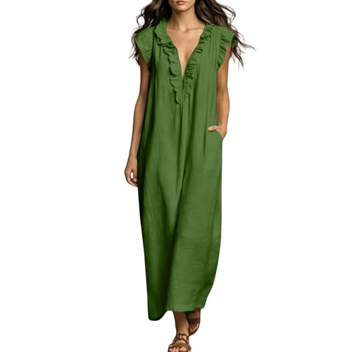 Robe d'été pour femme avec col en V plissé et jolies épaules à volants romantiques