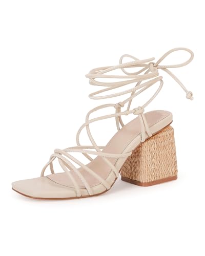 Image of PiePieBuy Women's Lace Up Chunky Braided Heel Sandals Square Toe Strappy Ankle Strap Heels