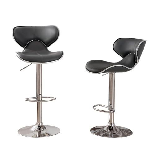 Image of Creative Black Bar Stool Chair | Adjustable Hydraulic Gas Lift | PU Leather Cushion Seat | Chrome Metal Base | Modern Kitchen Counter, Bar, Cafe, Home Furniture | Pack of 1