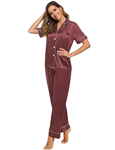 Image of SWOMOG Women Satin Pajamas Set Short Sleeve Top & Pants Sleepwear Silky Button Down Nightwear 2pcs Loungewear Pjs Set Nostalgia Rose Small