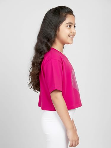 Image of KiddoPanti Girls 100% Cotton Solid Drop Shoulder Half Sleeve Round Neck Crop Tee