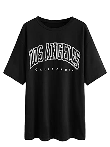 SOLY HUX Women's Casual Letter Print Tee Half Sleeve Loose T Shirt Top Black S