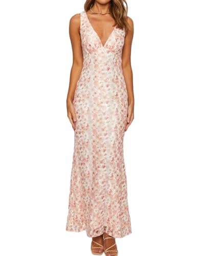 Amazon.com: Elegant Lace Floral V Neck Backless Bodycon Dresses for Women  Sexy Cut Out Low Back Sleeveless Maxi Dress Wedding Guest Peach : Clothing,  Shoes & Jewelry