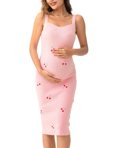 SUNNYBUY Vestito Premaman in Maglia da Donna con Ricamo Ciliegia Baby Shower Abiti Aderenti Sesso rivelare Gravidanza Prendisole, Rosa Confetto, M