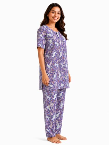 Image of KIAWAH Women Printed Night Suit Set, Cotton Blend Night Suit, A-Line Top and Pajama Set, Soft and Breathable Night Wear