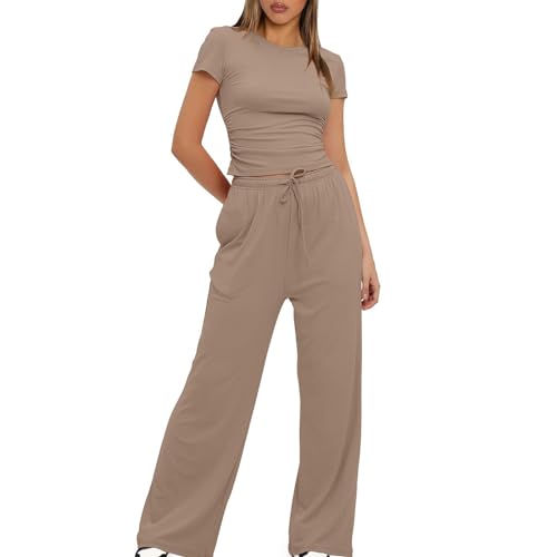 Women 2 Piece Set Outfit Summer Casual Tracksuit Short Sleeve Crop Tops and Drawstring High Elastic Waisted Wide Leg Pants Tracksuit Yoga Joggers Suit Lounge Wear Full Sets - Image 6