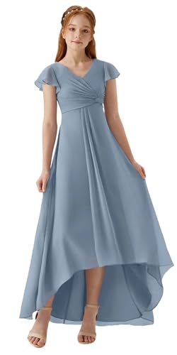 Asymmetrical Junior Bridesmaid Dresses Pleated Chiffon Flower Girl Dress V-Neck Formal Wedding Birthday Party Gown