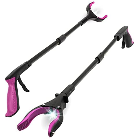 Grabber Reacher Tool-Long 32 Inch Aluminum Foldable Pick Up Stick-Strong Grip Shelves LED Light Magnetic Tip, Lightweight Trash Picker Claw Reacher Grabber Tool for Elderly (32" 2-Pack, Pink) Cover