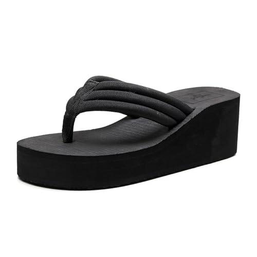 BOTRENT Women's Foam Platform Thong Slides Sandals Round Open Toe Lightweight Non Slip Wedge Heel Flip Flops Fashion Party Slip On Sandals (Black,8.5)