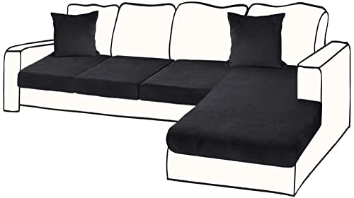 BT.WA Sectional Couch Covers for 4-Piece Seat Cushion Velvet Separate L Shape Couch Cover Stretch Sofa Slipcover with 2 Pieces Pillowcases Furniture Protector (Sofa 3 Seater + 1 Chaise, Black)