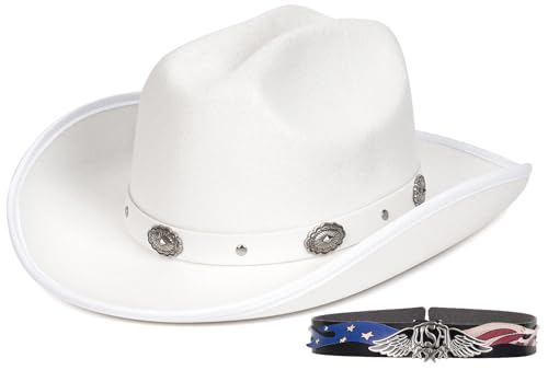 Image of Cowboy Hats for Women & Men Felt Cowgirl Hat with Belt Buckle Wide Brim Western Hat