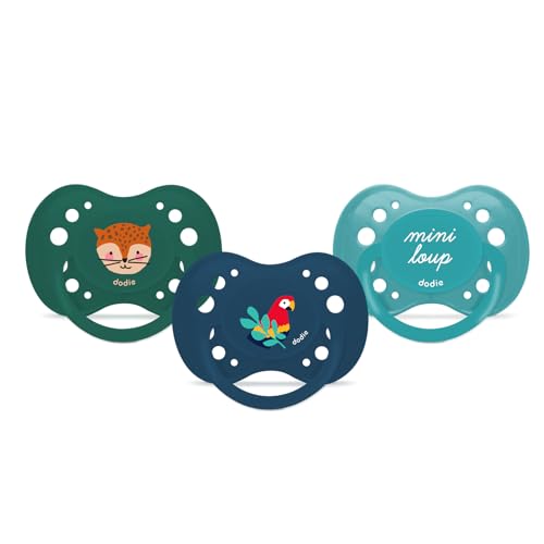 DODIE Sucettes Anatomiques ESSENTIEL, Tetine pour bébé, +18 mois, Bleu, Vert, Perroquet, Lot de 3