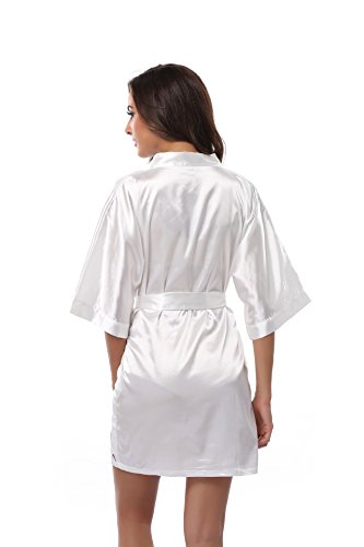Feelia Women's Pure Kimono Robe Short Satin Bathrobe Bridesmaid Bride Sleepwear White - Thumbnail 2