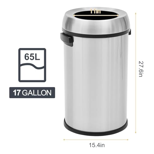 Image of GlowSol 17 Gallon Large Capacity Kitchen Trash Can, Commercial Open Trash Can, Heavy Duty Brushed Stainless Steel Garbage Can, 65 Liter, Suitable for Kitchen Outdoor Office