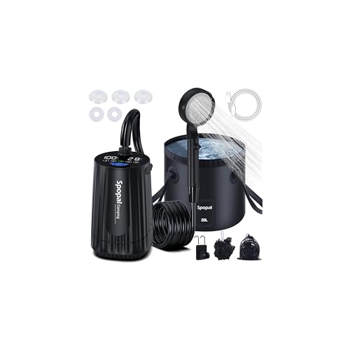 Spopal Ducha Portatil Camping, [Pantalla Temperatura] 10000mAh Recargable Ducha Camper con Cubo Plegable, Modo de Doble Velocidad, Ducha Electrica para Acampar, Hacer Caminatas, Duchas para Perros