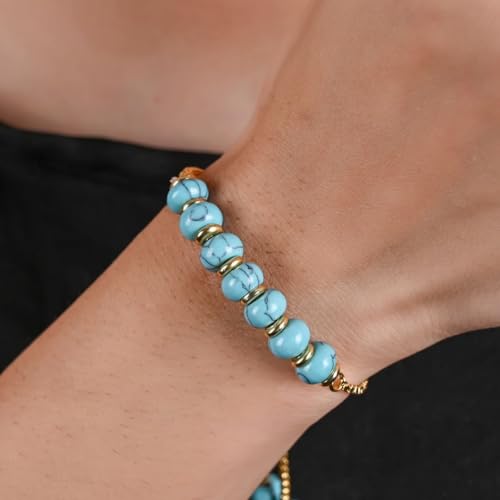 Gempires Turquoise Bolo Bracelet, Healing Bracelets for Women, Gift for Her, 14k Yellow Gold Plated Slider Chain, 6 to 8-inch Adjustable Bracelet