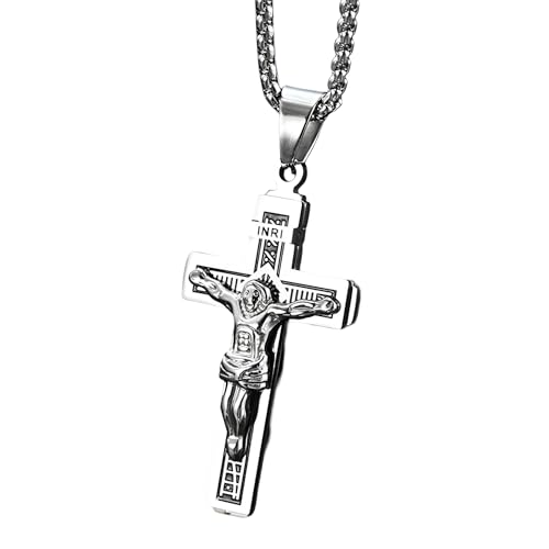 Collier Crucifix de Saint Benoît pour homme, chaîne et pendentif croix religieuse en argent 925