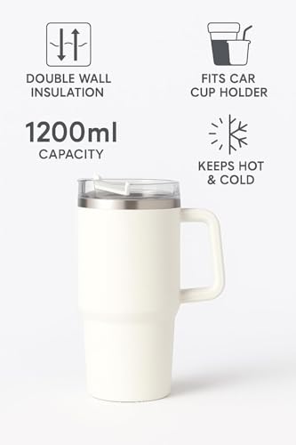 Image of 40Oz Stainless Steel Vacuum Insulated Tumbler with Straw and Lid & Handle,Travel Coffee Mugs Cups for Hot Drinks with Handle&Straw Insulated Water Bottle Iced Coffee Cup 1200ML (Cream)