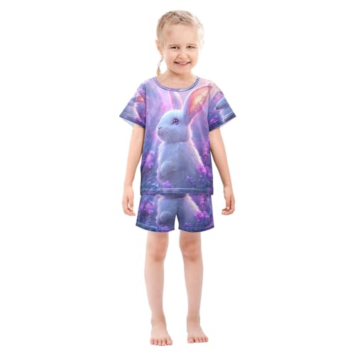 ALAZA Easter Rabbit Bunny Lavender Flower Pajamas Set Short Sleeve Cotton Sleepwear Summer Pjs 2 Piece 5-14Y3