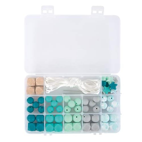 Rayher 14860408 Silikonperlen sortiert, mintgrün, hellgrau, Schweiß- und speichelecht, Box mit 61 Teilen, inklusiv Fädelschnur, Schnullerketten und Greiflinge für Babys selber machen