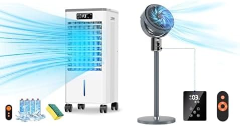 Combo Cooling Solution: 3-IN-1 Evaporative AC + Oscillating Floor Fan Quiet, 4 Modes, 3 Speeds, 12H Timer, LED, Remote/Touch Ctrl, Wheels, Perfect for Home Bedrooms & Indoor Spaces