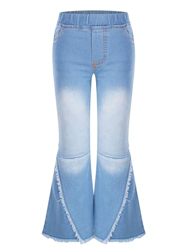 JanJean Girls Bell-Bottom Denim Pants Kids High Waist Raw Hem Flare Leg Jeans with Pocket Casual Wide Leg Trousers