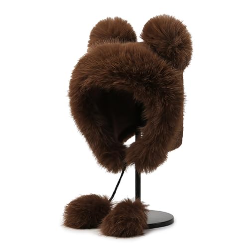 yolrdiw Faux Fur Bear Hat with Ears Flaps Winter Fluffy Beanie Cap for Adult Animal Lovers Gift Coffee