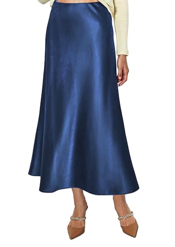 Vossmi Falda de Satén para Mujer Cintura Alta Elástica Midi Falda Casual Skirt A Línea con Cremallera Elegante Larga Faldas de Seda Maxi Plisada Skirts Fiesta Saten Otoño Azul Marino,XL