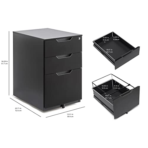 Image of Amazon Basics 3-Drawer Mobile File Cabinet with Lock, Rolling Filing Cabinet for Hanging Files, Black, 20.71 inch D x 15.51 inch W x 24.29 inch H