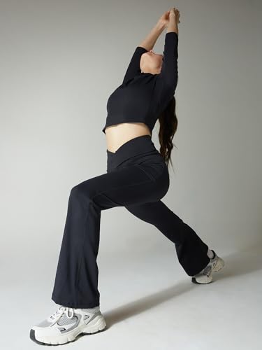 Image of CAVA Petite Hourglass Flared Leggings for Women | V Waistband, Anti Camel Toe Design, Petite Fit, Flared Bottoms, Deep Pockets, Sculpting Stretch Fabric