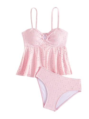 SHENHE Girl's Ruffle Flounce Tankini Swimsuit O Ring Spaghetti Strap Eyelet Bathing Suits