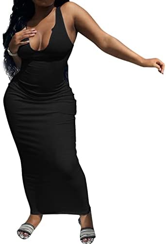 Women Bodycon Maxi Tank Dress, Sexy Deep U Neck Solid Color Ribbed Party Wrap Long Dresses (S, Black Sleeveless)