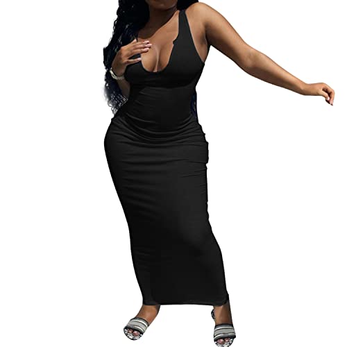 Women Bodycon Maxi Tank Dress, Sexy Deep U Neck Solid Color Ribbed Party Wrap Long Dresses (S, Black Sleeveless) #TOP29
