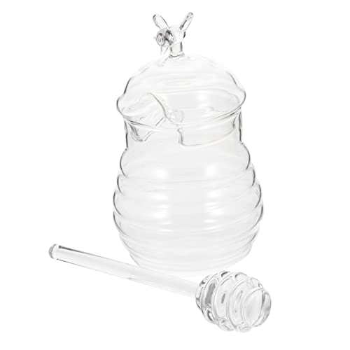Amosfun 1Set Glass Honey Pot with Dipper Cute Honey Container for Kitchen Storage Random Lid Style and Stylish Honey Dispenser for Home Use for Weddings and Parties