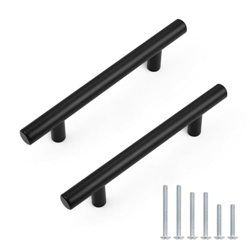 Probrico 30 Pack Hole Centers 3-3/4inch Matte Black Kitchen Cabinet Handles Stainless Steel Dresser Drawer Pulls Modern T Bar 6inch Length Pull Handle for Closet