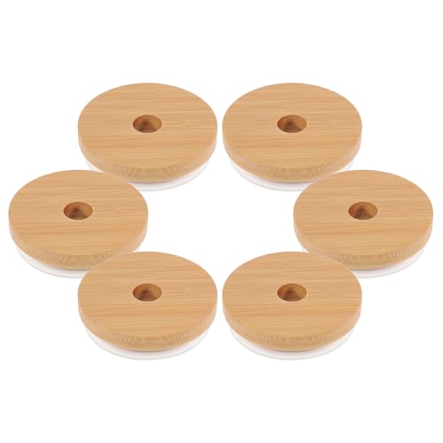 Operitacx 6pcs Couvercles en Bois avec Trou pour Paille, Hermétiques et Réutilisables pour Bocaux à Bouche Régulière, Nettoyage Facile, pour Bars et Fêtes